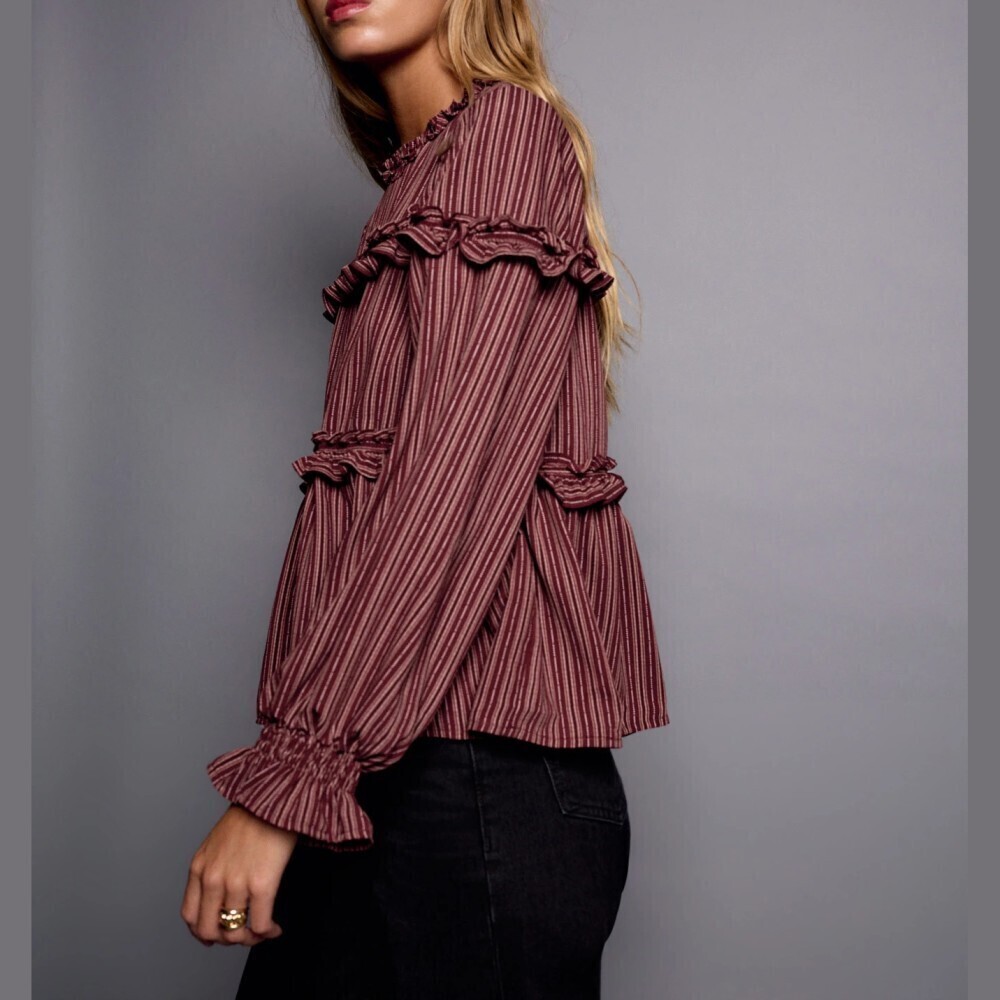 Burgundy Striped Ruffle Trim Tiered Stand Collar Long Sleeve Blouse
